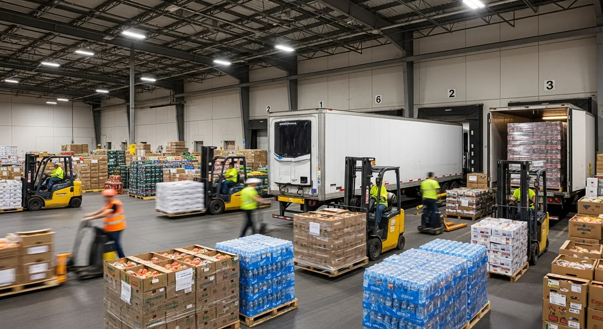 Busy grocery distribution center dock with forklifts moving pallets of fresh produce and beverage cases