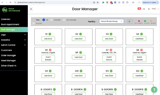 Dock Optimizer Door Manager showing real-time dock door availability with green and red status indicators