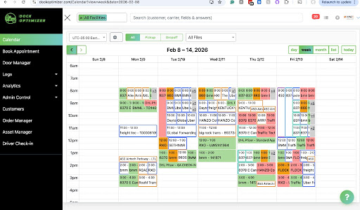 Dock Optimizer calendar view showing weekly appointment scheduling with color-coded carrier blocks
