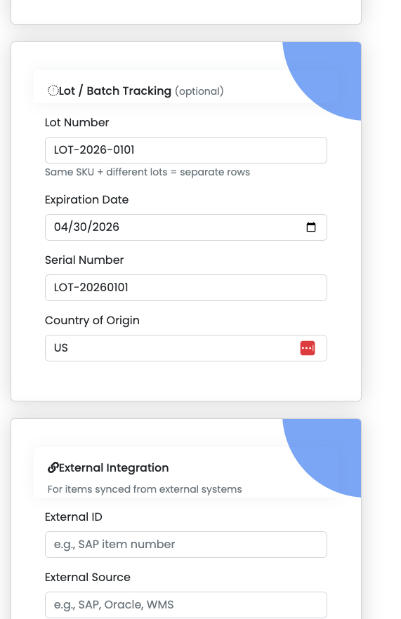 Dock Optimizer lot and batch tracking form showing lot number, expiration date, serial number, and external ERP integration fields