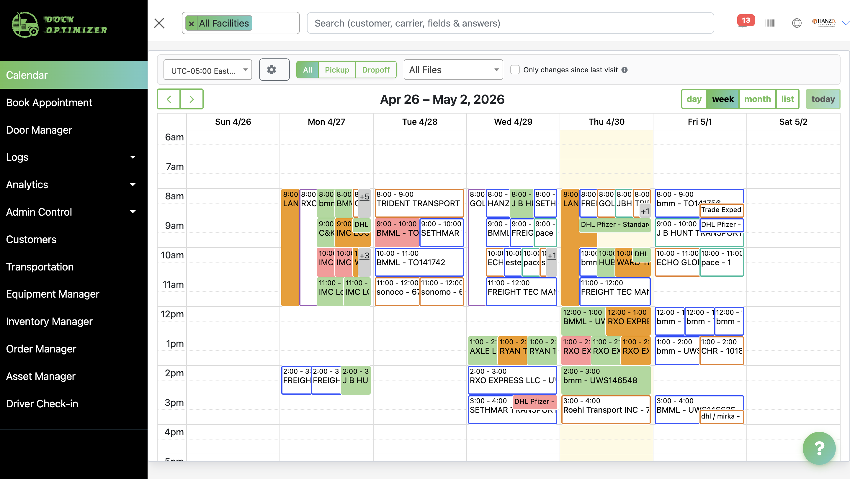 Dock Optimizer scheduling calendar — multi-facility, week view
