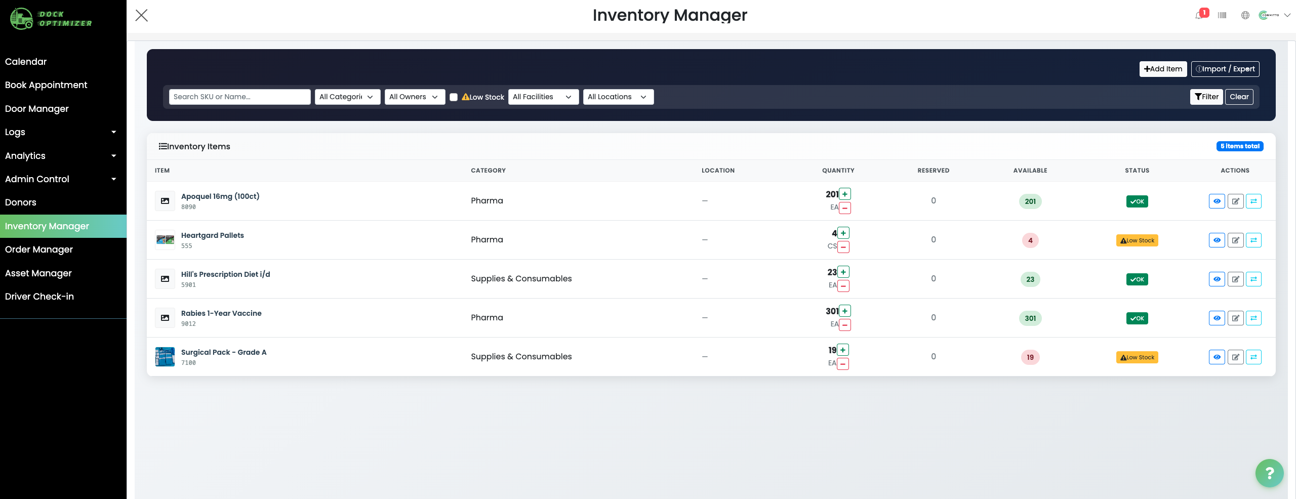 Dock Optimizer Inventory Manager showing multi-site stock levels for pharma items, pet food, and surgical supplies with quantity and availability columns