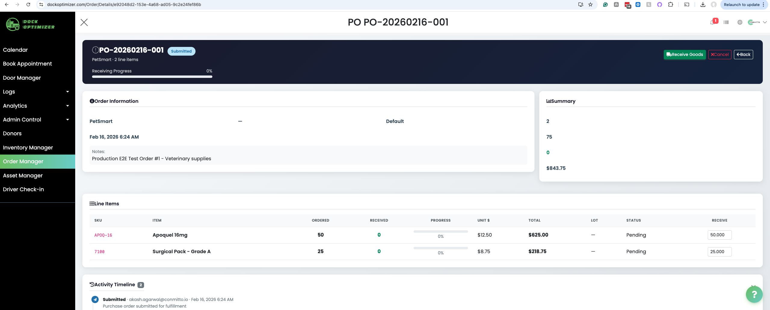 Dock Optimizer PO detail view showing line items for Apoquel and Surgical Pack with Receive Goods button and activity timeline