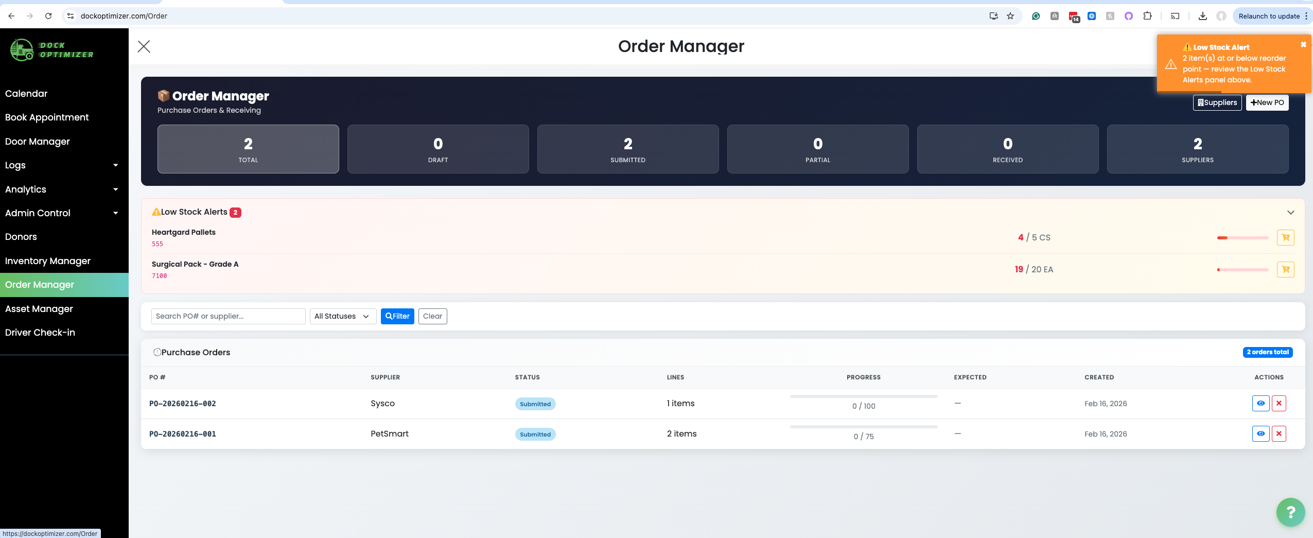 Dock Optimizer Order Manager showing Low Stock Alerts for Heartgard Pallets and Surgical Packs with Purchase Order tracking